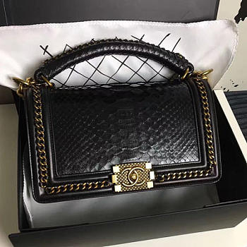 Chanel Snake Embossed Boy Bag With Top Handle Black Gold A14041 VS02449