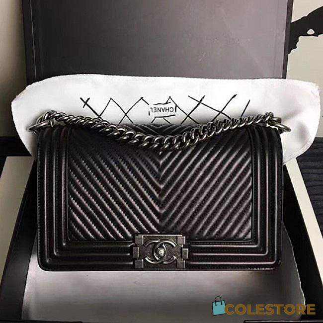 Chanel Medium Chevron Lambskin Quilted Boy Bag Black A13043 VS03203 - 1