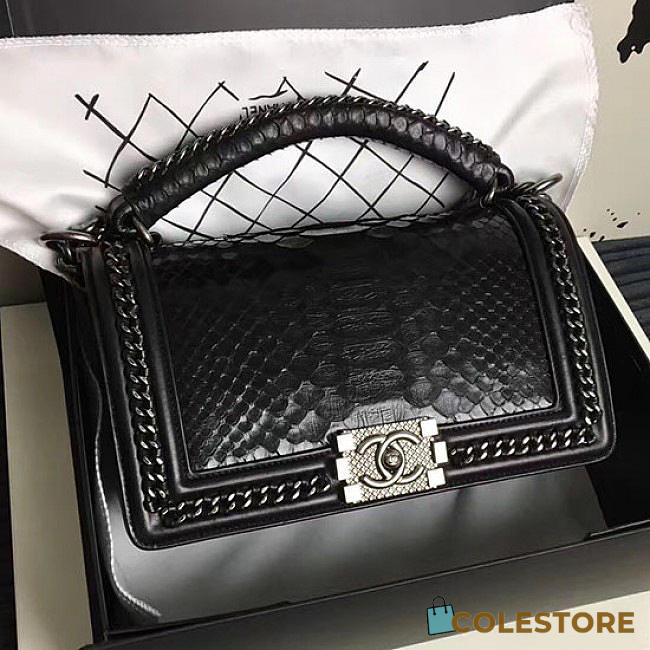Chanel Snake Embossed Boy Bag With Top Handle Black Silver A14041 VS06643 - 1