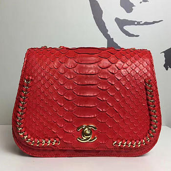Chanel Snake Embossedr Flap Shoulder Bag Red  A98774 VS03855