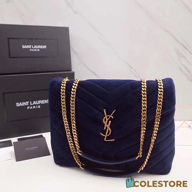 YSL Loulou Monogram Quilted Velvet Shoulder Bag Large Blue 4811 - 1