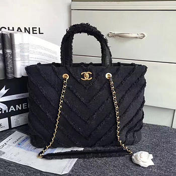 Chanel Canvas Patchwork Chevron Large Shopping Bag Black 260302 VS02391