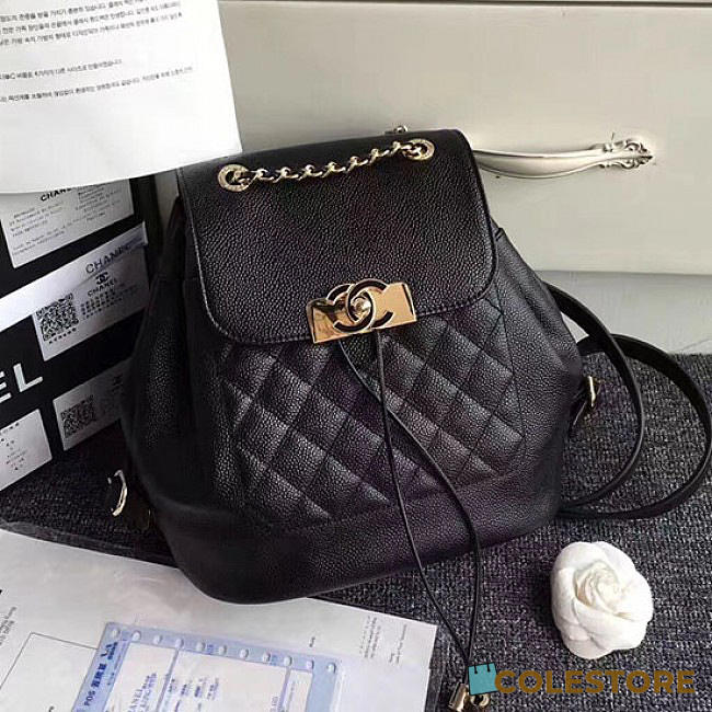 Chanel Grained Calfskin Gold-Tone Metal Backpack Black A93749 VS08053 - 1