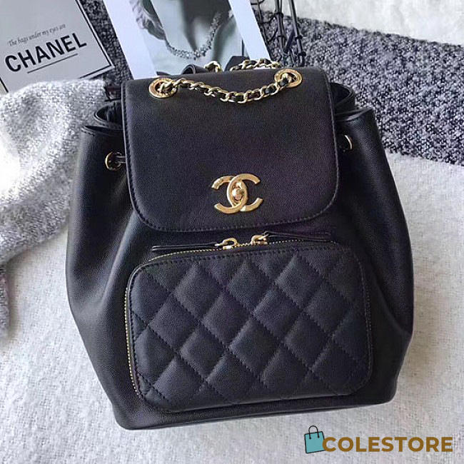 Chanel Grained Calfskin Gold-Tone Metal Backpack Black A93748 VS00467 - 1