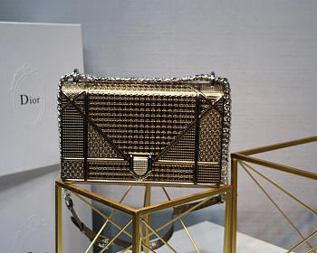 Dior Metallic Gypsum Plaid Pattern Calfskin Clamshell Tote Bronze