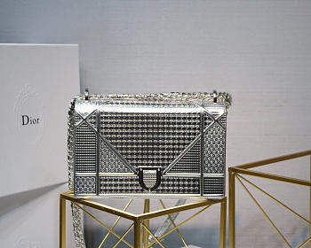 Dior Metallic Plaid Plaid Pattern Calf Leather Clamshell Tote Silver
