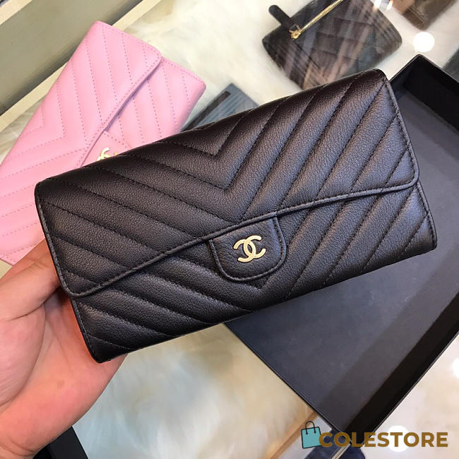 Chanel Long Imported Deer Grain Leather V-Grain Road Wallet Black  - 1