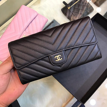 Chanel Long Imported Deer Grain Leather V-Grain Road Wallet Black 