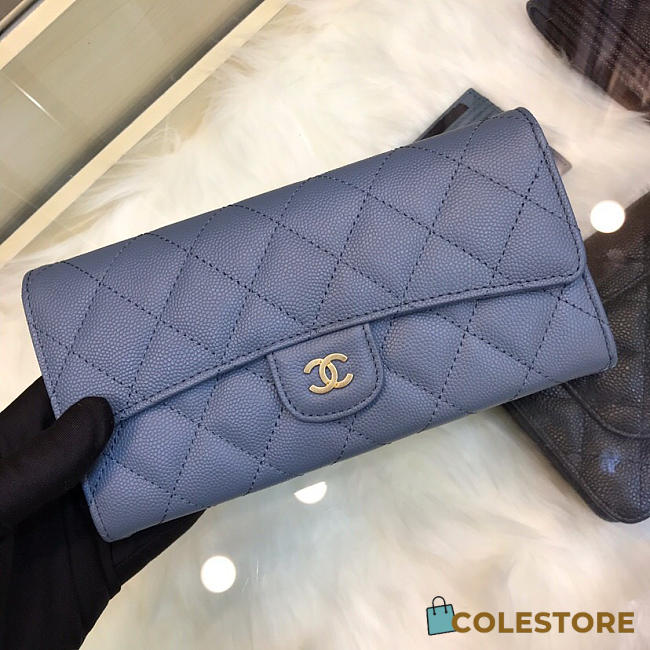 Chanel Classic Cf Long Lychee Purse Smog Blue  - 1