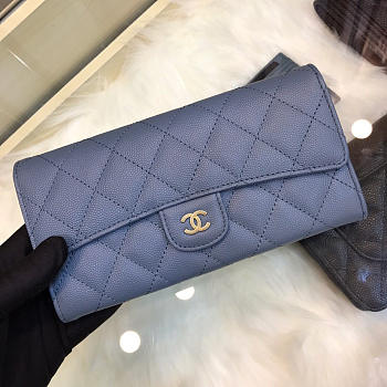 Chanel Classic Cf Long Lychee Purse Smog Blue 