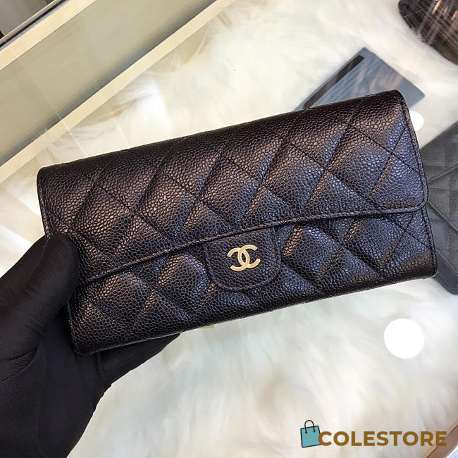 Chanel Classic Cf Long Lychee Purse Black With Green Pink - 1