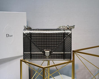 Dior Metallic Gypsum Plaid Pattern Calfskin Clamshell Tote Silver Grey