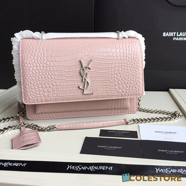YSL Small Crocodile Silver Chain Front Flap Handbag In Pink - 1