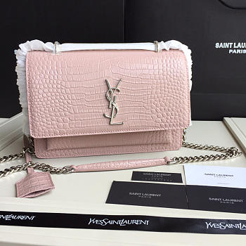 YSL Small Crocodile Silver Chain Front Flap Handbag In Pink