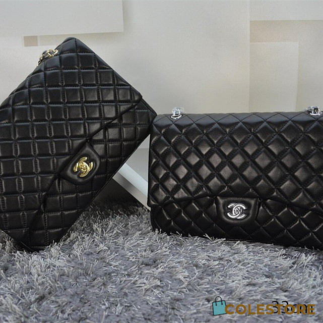 Chanel Lambskin Leather Flap Bag With Gold/Silver Silver Hardware Black 33cm - 1