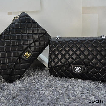 Chanel Lambskin Leather Flap Bag With Gold/Silver Silver Hardware Black 33cm