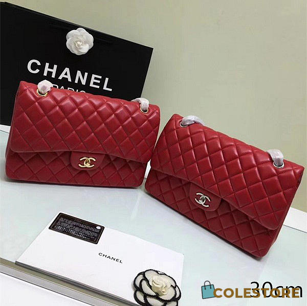 Chanel Lambskin Leather Flap Bag Gold/Silver Red 30cm - 1