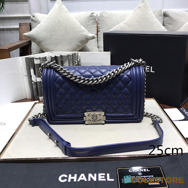 Chanel Sheepskin Classic Diamond Burst Dark Blue Silver Hardware  - 1