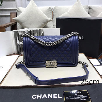 Chanel Sheepskin Classic Diamond Burst Dark Blue Silver Hardware 