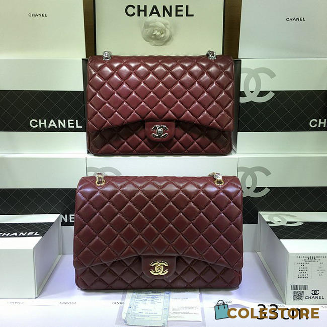 Chanel Lambskin Leather Flap Bag With Gold/Silver Hardware Maroon Red 33cm - 1