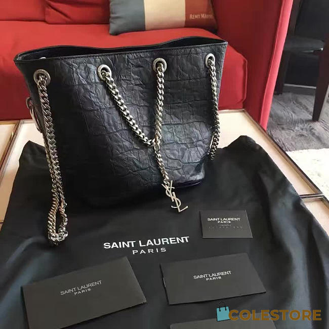 YSL Crocodile Embossed Leathe Bucket Bag Black 5136 - 1