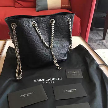 YSL Crocodile Embossed Leathe Bucket Bag Black 5136