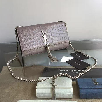 YSL Monogram Kate Silver Tassel In Embossed Crocodile Shiny Leather 5038
