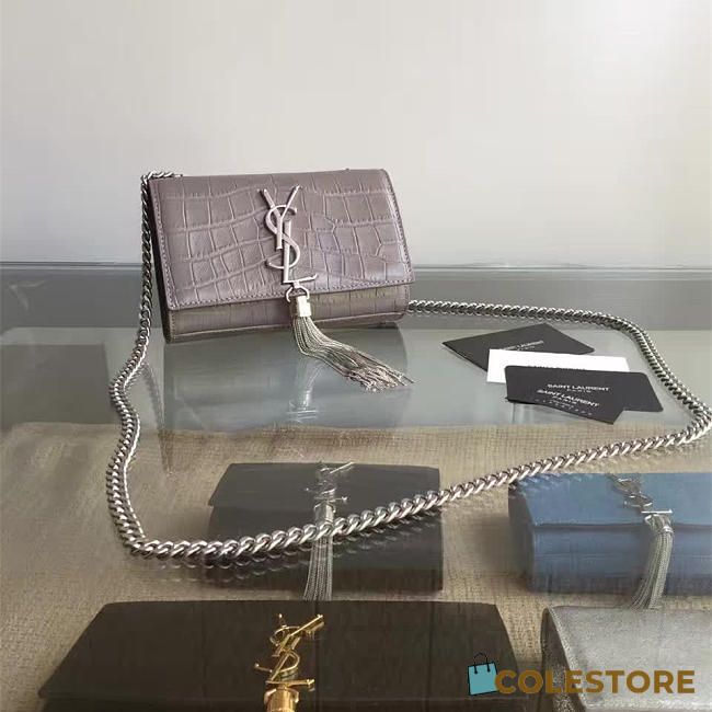 YSL Monogram Kate Silver Tassel In Embossed Crocodile Shiny Leather 5039 - 1