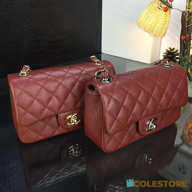 Chanel Classic Burgundy Caviar Leather Sliver&Gold Hardware 20cm Red - 1