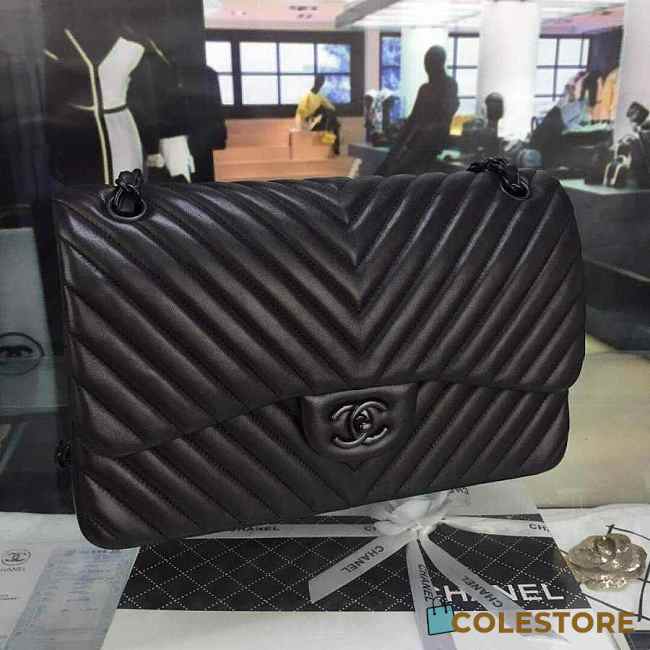 Chanel Lambskin Chevron Quilted 30cm Flap Black Bag - 1