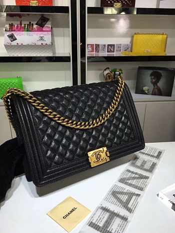 Chanel Boy Bag Black Caviar Leather With Silver&Gold Hardware 30cm