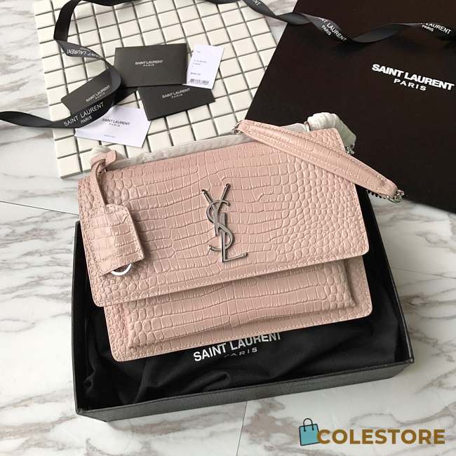 ysl sunset chain wallet in crocodile embossed shiny leather