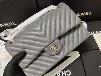 Chanel Lambskin Chevron Quilted 30cm Flap Bag Grey With Sliver Hardware
