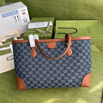 Gucci Ophidia GG Medium Tote Beige in Canvas with Dark blue and ivory 38cm