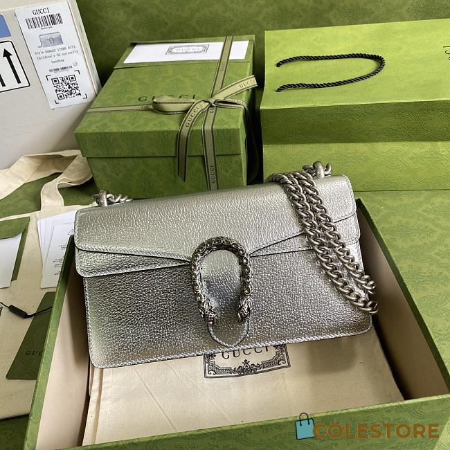 Gucci Dionysus Small Shoulder Bag In Silver Lamé Leather 499623 Size 25cm - 1