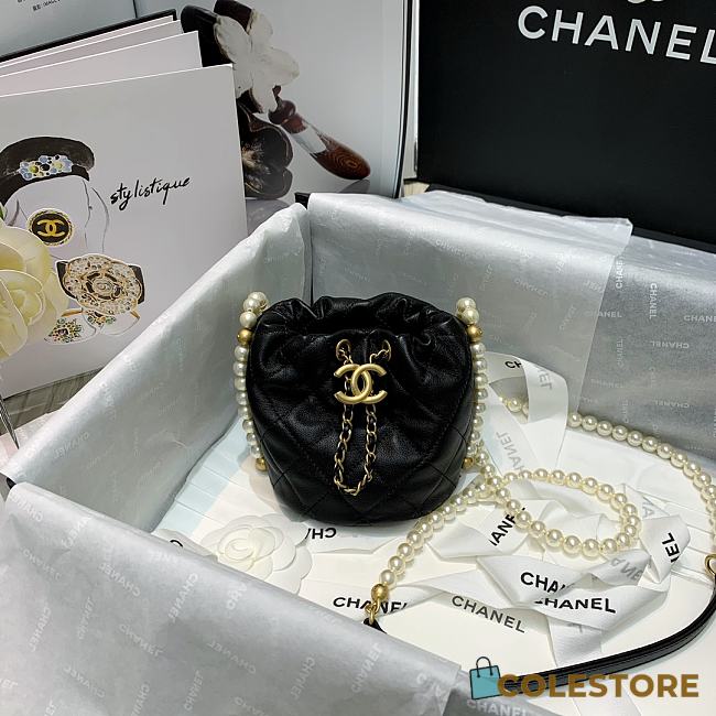 Chanel Mini Drawstring Bag Artificial Pearl & Gold Black AS2529 Size 12x12x12cm - 1