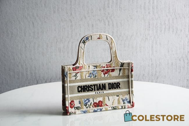 Dior Small Book Tote in Beige Multicolor Hibiscus Metallic Thread Embroidery 1286M Size 22.5x24x8cm - 1