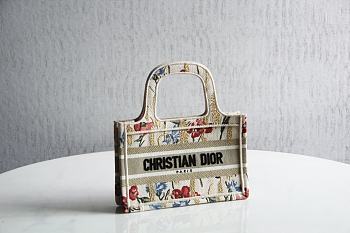 Dior Small Book Tote in Beige Multicolor Hibiscus Metallic Thread Embroidery 1286M Size 22.5x24x8cm