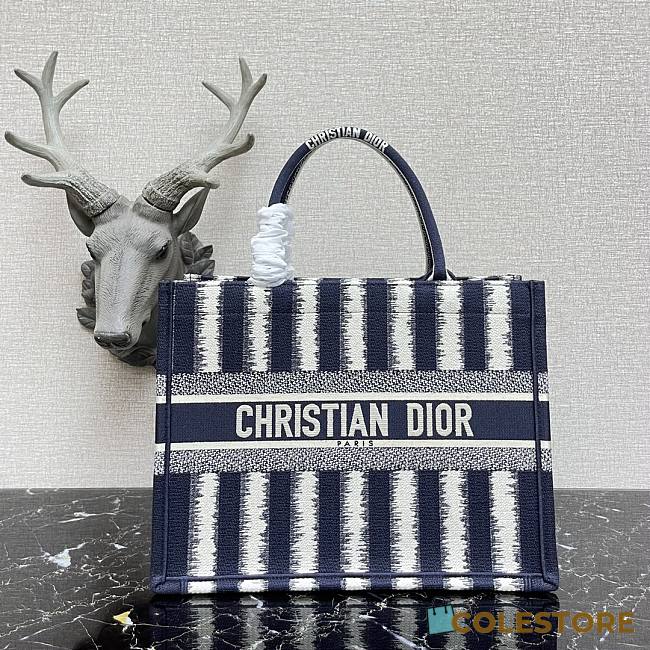 Dior Book Tote Blue D-Stripes Embroidery Size 36.5cm - 1