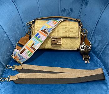 Fendi Baguette Natural Straw Bag In Yellow 8BR600 Size 26x15x6cm