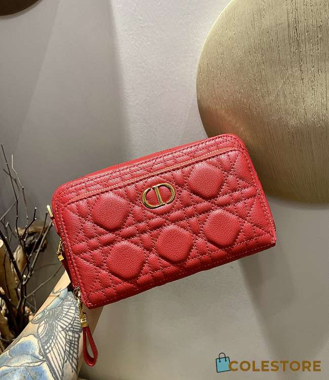 Dior Caro Double Pounch Red Cannage Lambskin S5047 Size 19x10.5x5cm  - 1