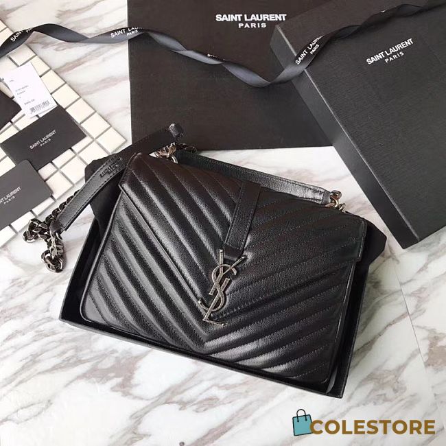 YSL Sheepskin Matelasse Chervon Medium College Bag Silver Chain 392737 Size 24x17x7Cm - 1