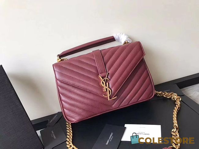 YSL Sheepskin Matelasse Chervon Medium College Bag Wine 392737 Size 24x17x7Cm - 1