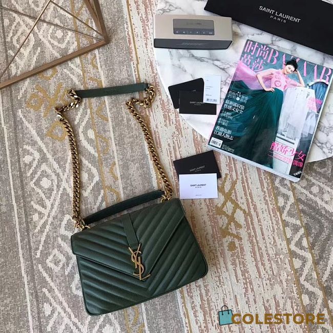 YSL Sheepskin Matelasse Chervon Medium College Bag Green 392737 Size 24x17x7Cm - 1