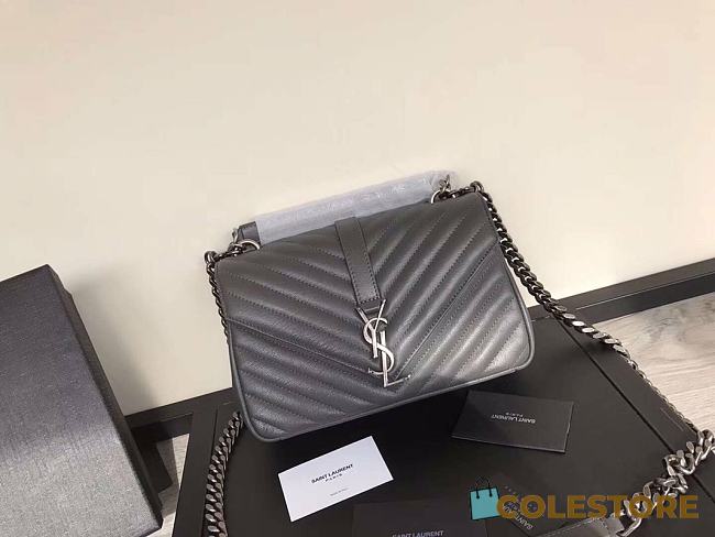 YSL Sheepskin Matelasse Chervon Medium College Bag Grey 392737 Size 24x17x7Cm - 1