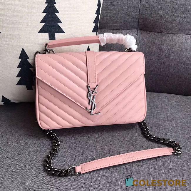 YSL Sheepskin Matelasse Chervon Medium College Bag Pink 392737 Size 24x17x7Cm - 1
