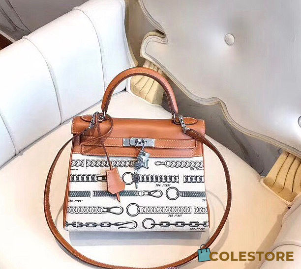 Hermes Kelly Bag Chain Canvas And Brown Caflskin Size 25x35x18cm - 1