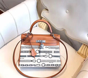 Hermes Kelly Bag Chain Canvas And Brown Caflskin Size 25x35x18cm