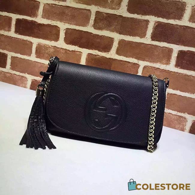 Gucci Soho Leather Flap Shoulder Bag Black Gold Tassel 25cm - 1
