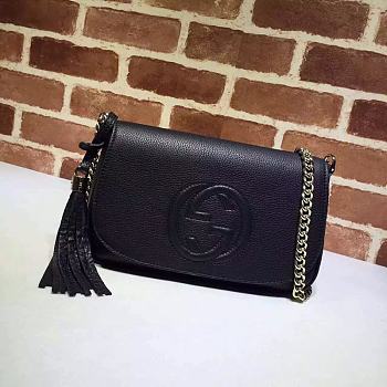 Gucci Soho Leather Flap Shoulder Bag Black Gold Tassel 25cm